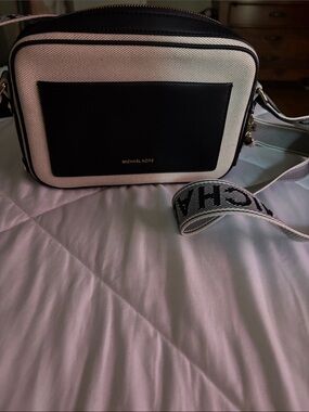 Michael Kors Black and Cream Crossbody Camera Bag with Logo Strap